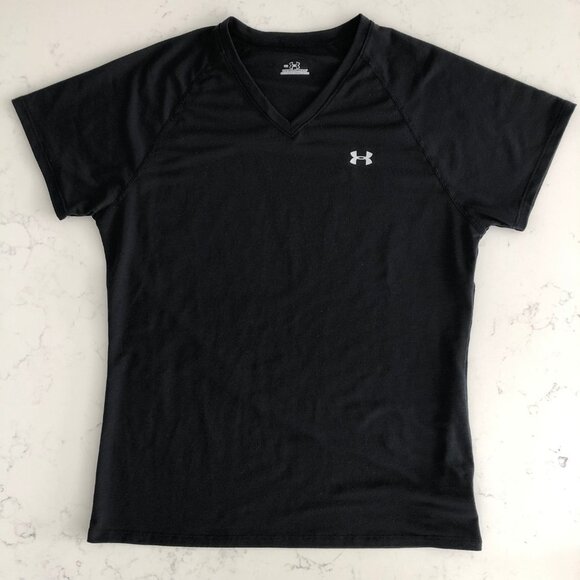 Under Armour V Neck Short Sleeve Polyester Blend Running T Shirt Top Black Sz S - Picture 2 of 10